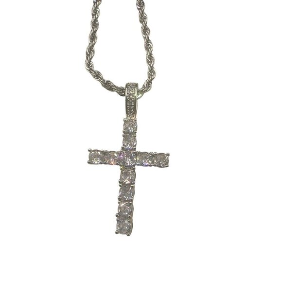 Cubic Zirconia Cross Pendant Necklace Stainless Steel Silver - Picture 7 of 7